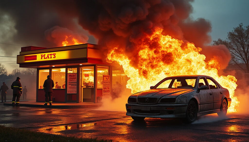 un incendie impressionnant s'est déclaré au drive d'un fast-food lorsqu'une voiture a pris feu, causant d'importants dégâts à une partie du restaurant. enquête en cours, pas de blessés signalés.