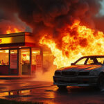 un incendie impressionnant s'est déclaré au drive d'un fast-food lorsqu'une voiture a pris feu, causant d'importants dégâts à une partie du restaurant. enquête en cours, pas de blessés signalés.