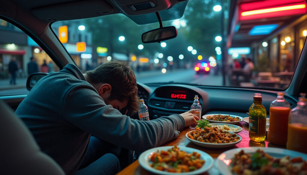 découvrez l'histoire insolite d'un conducteur ivre qui s'endort au volant, échappe à la police et se fait finalement retrouver sur la terrasse d'un kebab. un récit surprenant et plein de rebondissements !