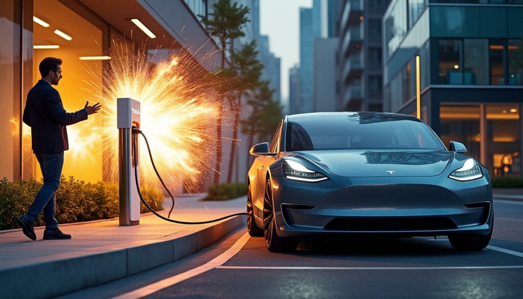 un propriétaire de tesla branche sa voiture pour la recharge, mais l'opération tourne mal : l'adaptateur explose soudainement dans un éclair spectaculaire. découvrez tous les détails de cet incident surprenant et les précautions à prendre.