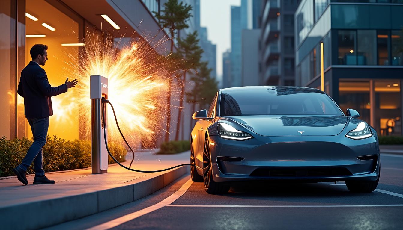 un propriétaire de tesla branche sa voiture pour la recharge, mais l'opération tourne mal : l'adaptateur explose soudainement dans un éclair spectaculaire. découvrez tous les détails de cet incident surprenant et les précautions à prendre.