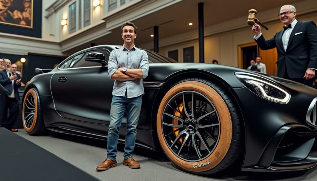 un homme achète une mercedes aux enchères et fait une découverte inattendue : les freins sont en bois, signés « brembo » ! une histoire insolite qui mêle humour et surprise dans le monde de l'automobile.