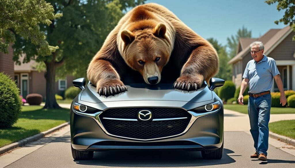 découvrez l’incroyable histoire d’un ours audacieux qui vole le capot d’une mazda devant son propriétaire stupéfait, puis s’enfuit calmement. une scène insolite et surprenante !
