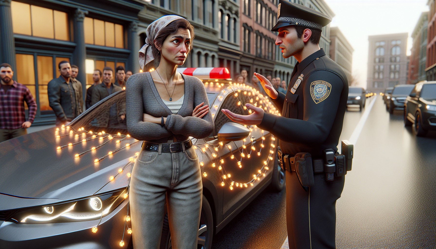 une conductrice attire l'attention en exhibant ses guirlandes lumineuses sur sa voiture, mais elle reçoit une sévère réprimande pour cette décoration inhabituelle.