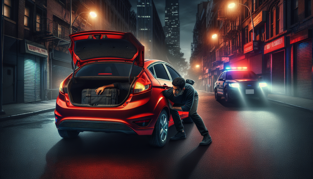 un homme tente d'échapper à la police en se cachant dans le coffre de sa ford fiesta, une fuite audacieuse et pleine de suspense.