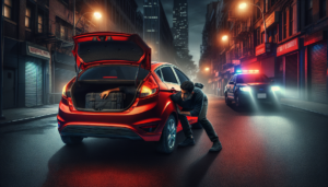 un homme tente d'échapper à la police en se cachant dans le coffre de sa ford fiesta, une fuite audacieuse et pleine de suspense.