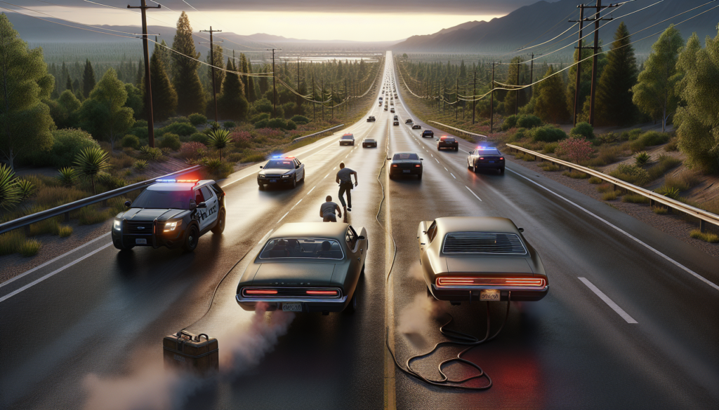 découvrez comment une course-poursuite intense de plusieurs kilomètres s'achève de façon inattendue lorsque les fugitifs, à court d'essence, sont arrêtés net par la police.