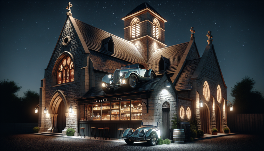 découvrez une scène unique où une voiture perchée sur le toit d'une vieille église éclaire un bar et un garage au design atypique, alliant charme historique et créativité moderne.