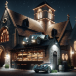 découvrez une scène unique où une voiture perchée sur le toit d'une vieille église éclaire un bar et un garage au design atypique, alliant charme historique et créativité moderne.