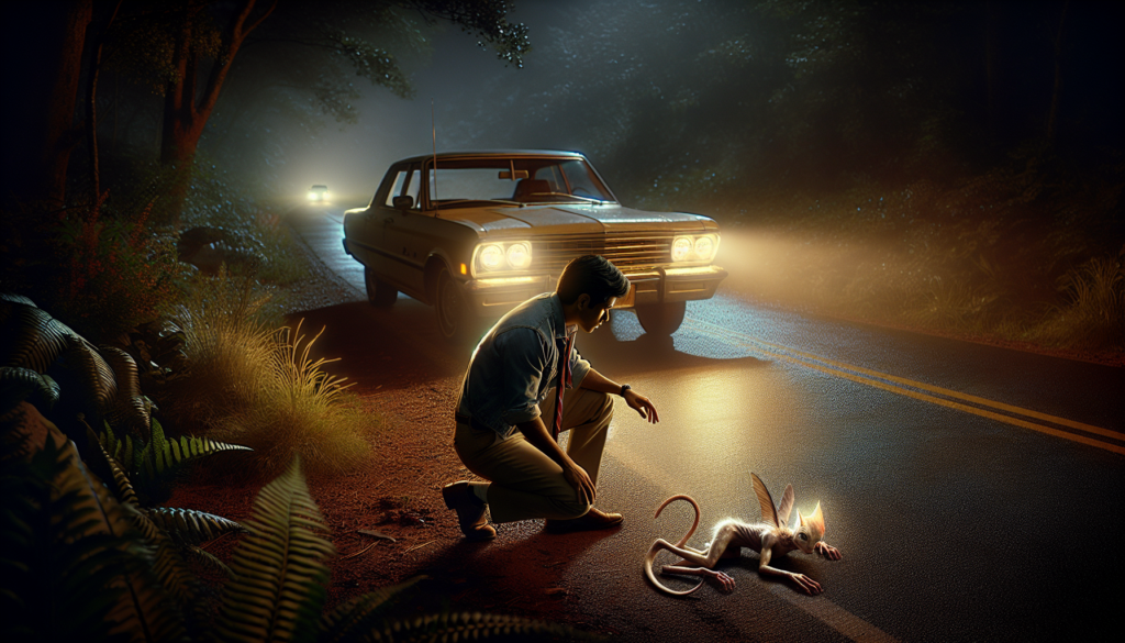 pensant avoir heurté un chat sur la route, il s'arrête pour vérifier et fait la découverte d'une créature surprenante et inattendue.