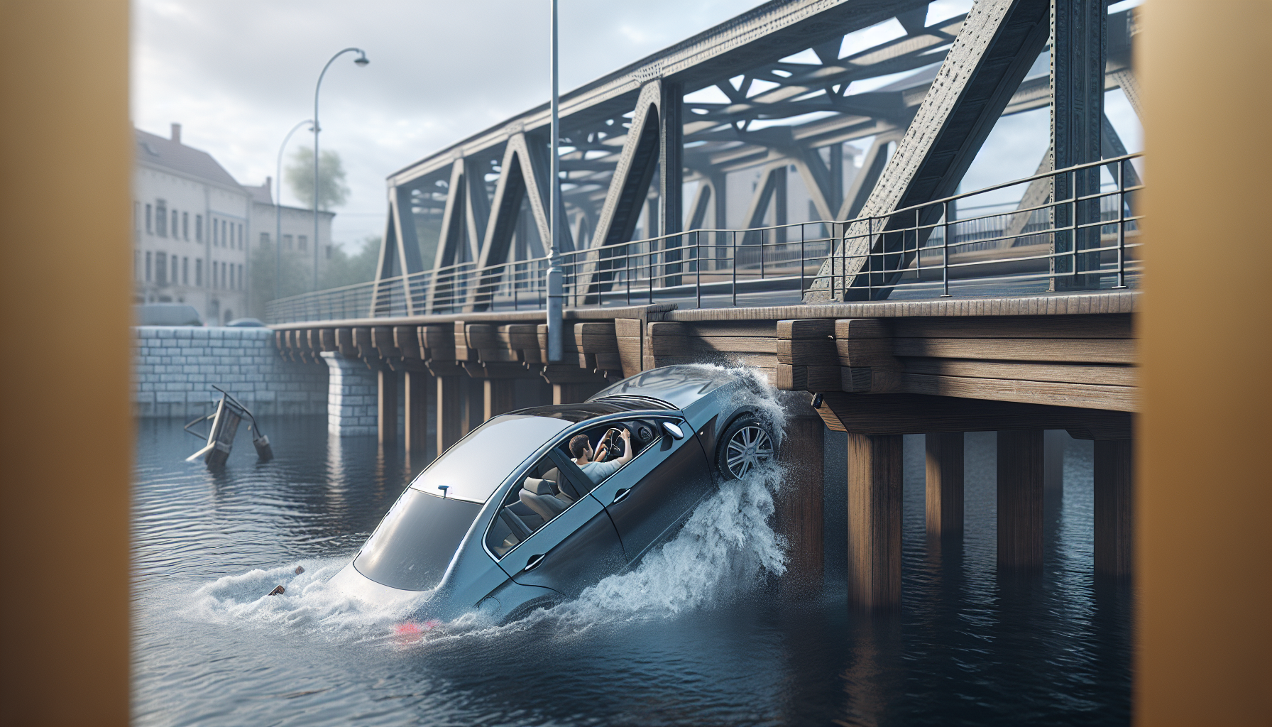 un conducteur ivre traverse un pont levé et tombe accidentellement dans un canal, un incident dramatique aux conséquences graves.