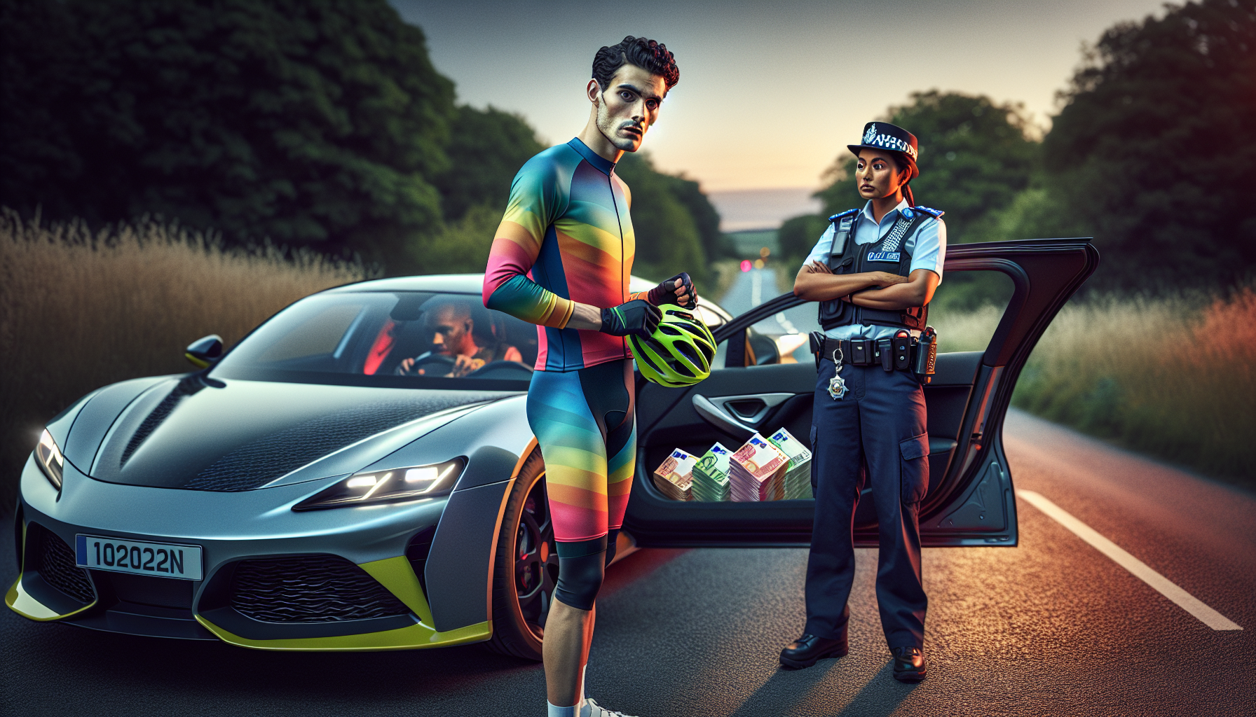 un jeune cycliste professionnel a été arrêté avec 2000 euros de faux billets retrouvés dans sa voiture, suscitant l'attention des autorités.