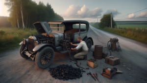 découvrez comment un conducteur ingénieux a transformé sa voiture pour rouler au charbon, une alternative surprenante face à la pénurie d'essence.