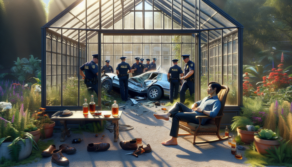 après un vol de voiture et une collision contre un mur, les gendarmes retrouvent le conducteur calmement allongé dans une serre en train de siroter du rhum, une scène insolite qui intrigue les autorités.