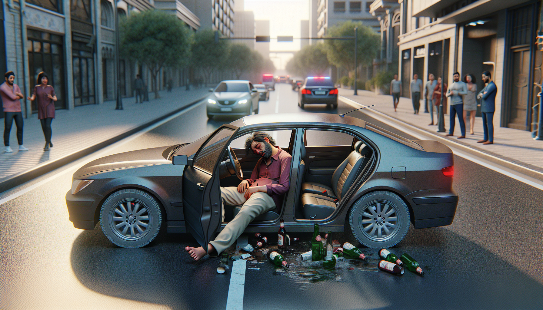 un homme complètement ivre s'endort au volant, bloquant la circulation en immobilisant sa voiture en plein milieu de la route. découvrez les détails de cet incident inattendu.