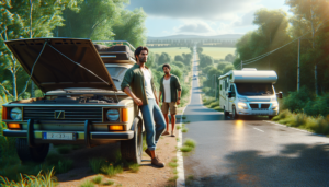 face à une panne de voiture, il décide de s'emparer d'un camping-car pour continuer son aventure sur la route.