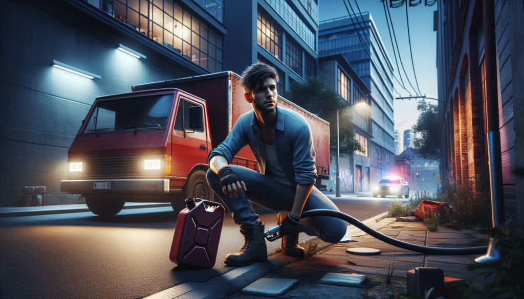 découvrez une aventure urbaine inattendue où une simple promenade avec un jerrican tourne au vinaigre après le siphonnage d'un camion, entraînant une série d'infractions insolites.