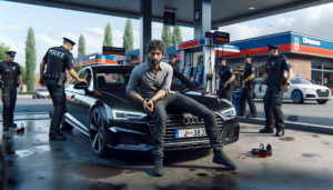 un homme refuse de quitter une station-service, provoquant une altercation avant d'être finalement arrêté au volant de son audi.