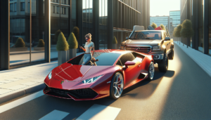 un pick-up surprend en s'invitant sur le capot d'une lamborghini huracán, tandis que sa conductrice reste totalement inattentive à cette scène étonnante.