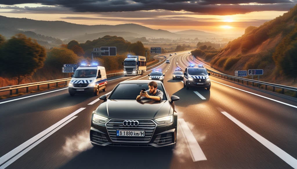 à 180 km/h dans une voiture volée, il se filme durant une course-poursuite intense avec la gendarmerie, illustrant une prise de risques extrême et la répression policière.