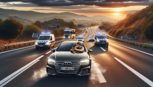 à 180 km/h dans une voiture volée, il se filme durant une course-poursuite intense avec la gendarmerie, illustrant une prise de risques extrême et la répression policière.