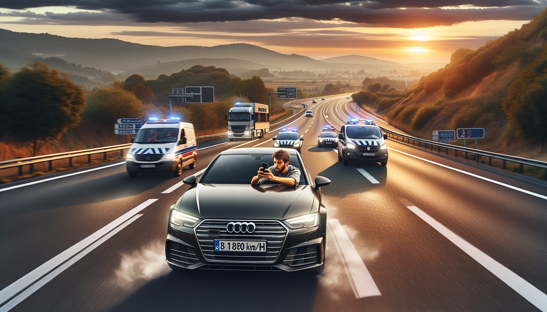 à 180 km/h dans une voiture volée, il se filme durant une course-poursuite intense avec la gendarmerie, illustrant une prise de risques extrême et la répression policière.